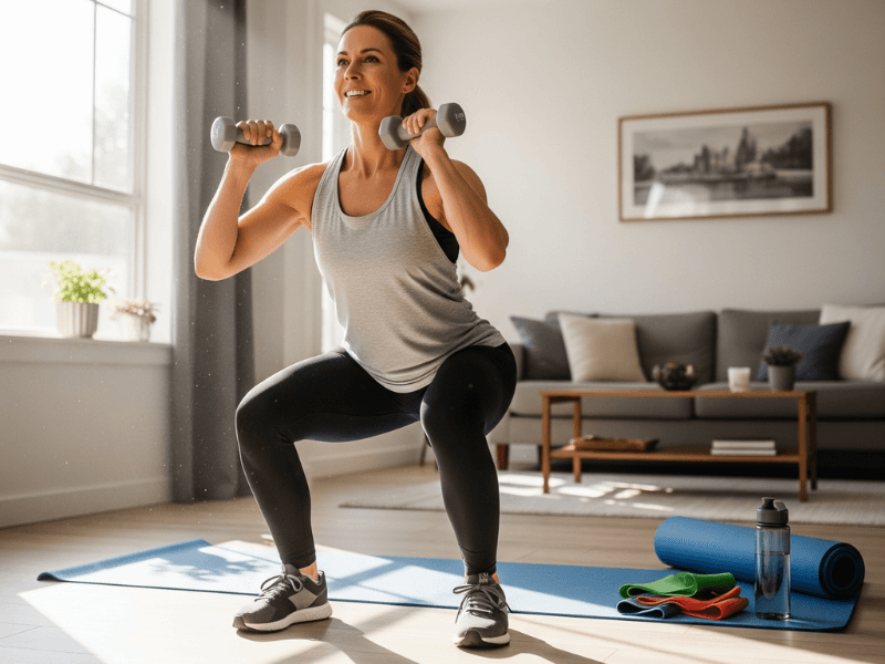 A mom doing a squat with light dumbbells at home, an effective strength training workouts for moms at home.