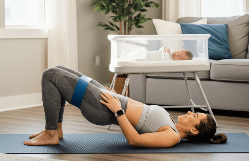 With a focus on self-care and recovery, a new mom performs a glute bridge, using a resistance band to mindfully rebuild her core and pelvic floor strength—a key part of her workouts for moms at home.