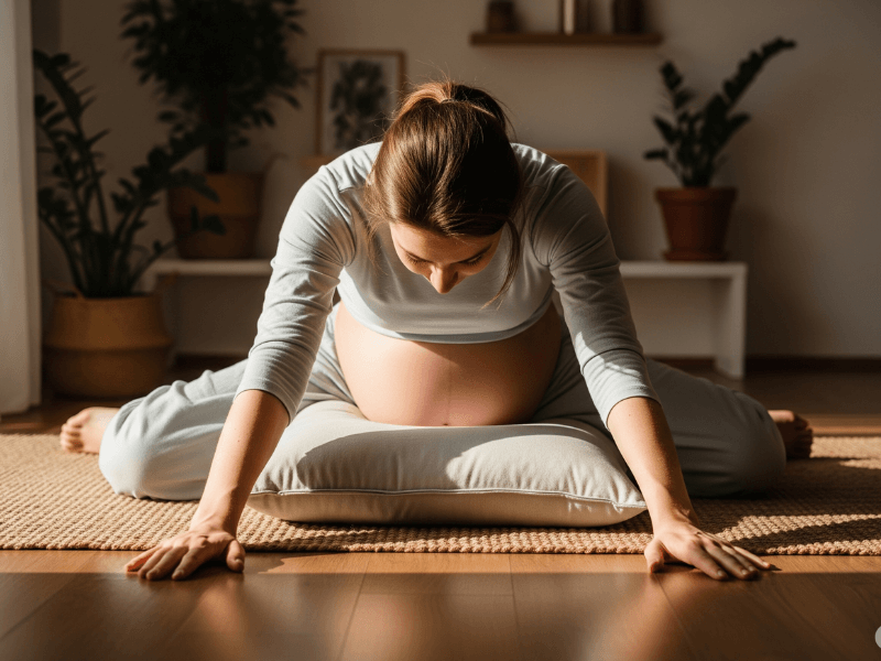 A pregnant woman in a modified Child's Pose, a relaxing pregnancy back pain exercise using a pillow for support.