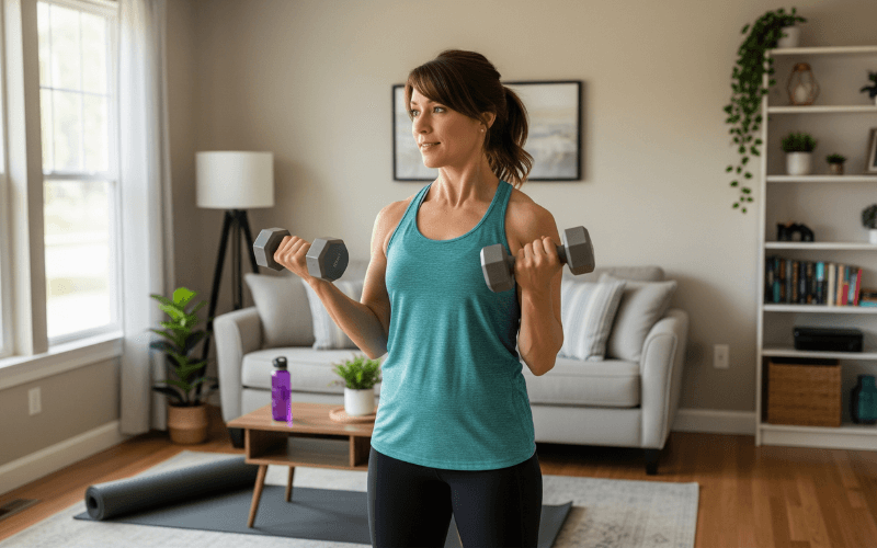 A woman performing a dumbbell workout for women at home in her living room, lifting weights to do a bicep curl