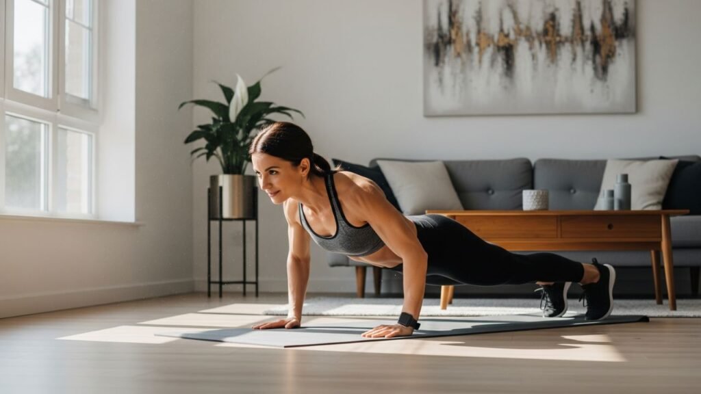 Woman doing push-ups as part of a home workout without dumbbells