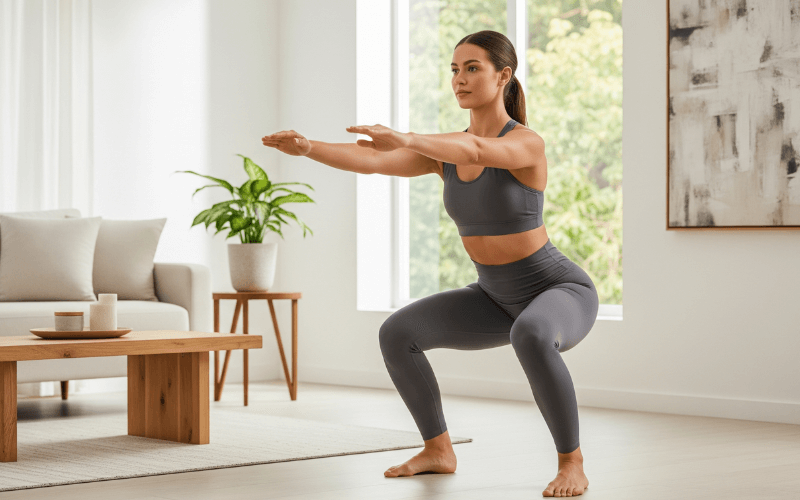 Beginner performing bodyweight squats during a home workout without dumbbells