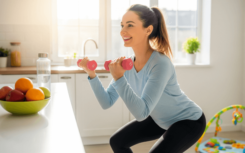 New mother doing glute bridge exercise as part of postpartum workout plan