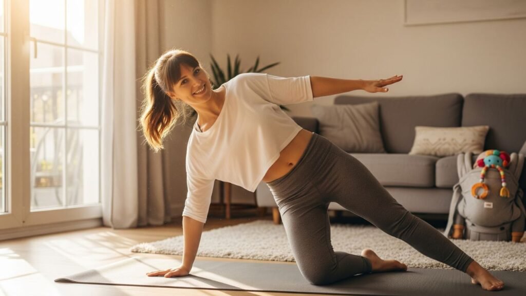 New mom following a safe postpartum weight loss workout plan at home