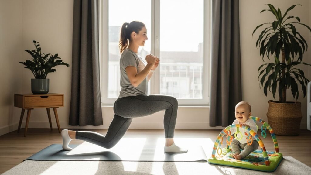 New mom doing yoga after taking a safe and effective pre workout for breastfeeding moms made from whole foods.