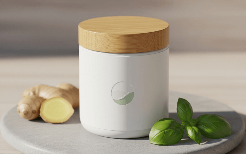 Best pre workout for breastfeeding moms supplement bottle with a clean, blank label and a subtle leaf logo. Fresh ginger and basil leaves are placed next to the bottle on a light-colored surface, conveying a natural and healthy feel for new moms.