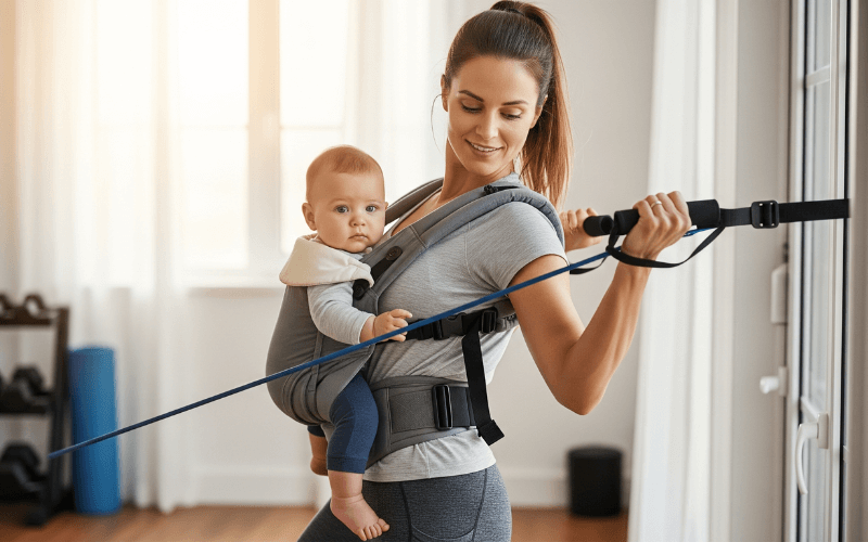 Fit new mom preparing a safe pre workout for breastfeeding moms with natural ingredients, showing healthy energy boosters for postpartum mothers.