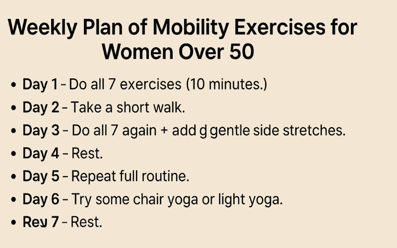 Weekly plan of mobility exercises for women over 50 including daily routine with stretches, walking, yoga, and rest days