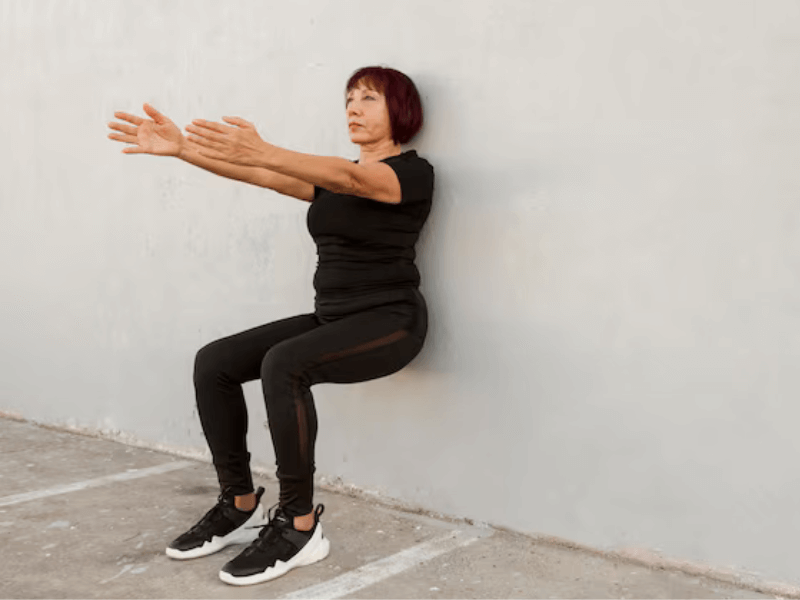 Pregnant woman doing wall squats – a safe and effective pregnancy back pain exercise to strengthen lower body support.