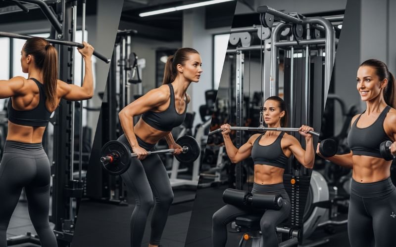 Back and bicep workout exercises including pull-ups, rows, and lat pulldowns for strength and muscle growth