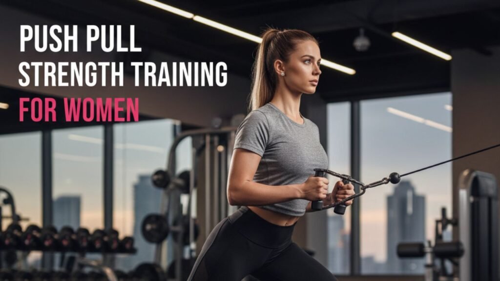 Woman performing push pull strength training workout with dumbbells in gym