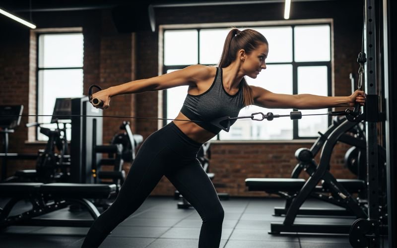 Beginner woman following push pull strength training workout at home