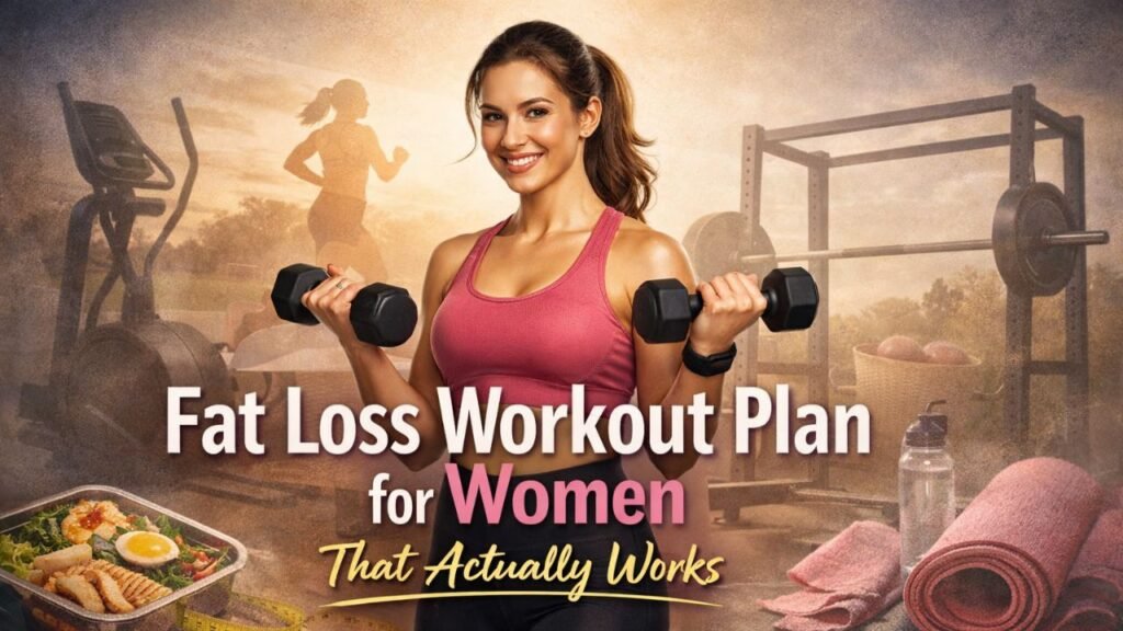 Fat loss workout plan for women showing a confident woman strength training at home for sustainable weight loss and body toning
