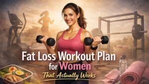 Fat loss workout plan for women showing a confident woman strength training at home for sustainable weight loss and body toning