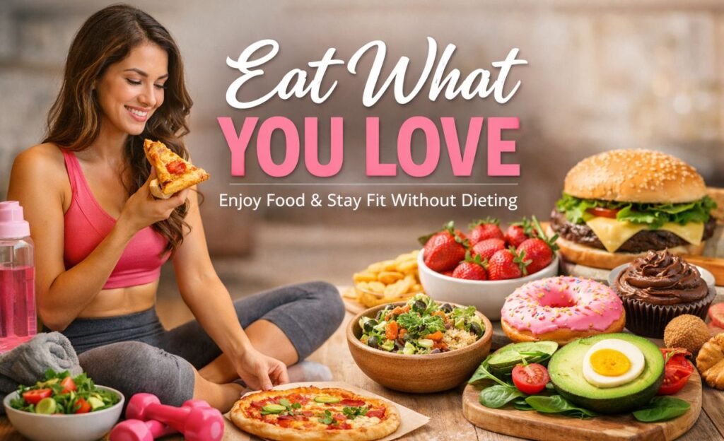 A fit woman enjoying pizza while sitting beside a mix of healthy and comfort foods, representing the eat what you love approach to women’s fitness and balanced eating.
